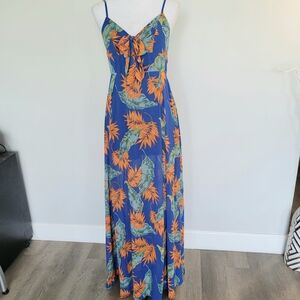 Forever 21 Blue and Orange Floral Beach Vacation Resort Maxi Dress Size Large